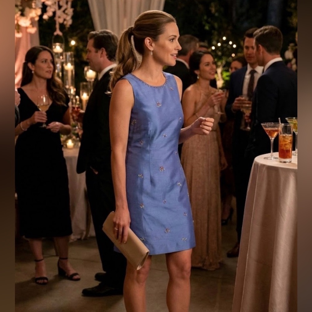 Chic and Elegant Blue Sleeveless Dress with Embroidered Accents
